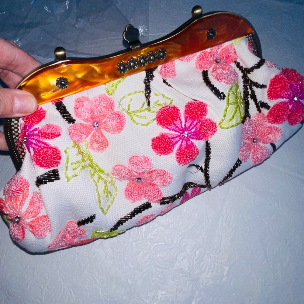 Floral Embroidered Clutch Bag White Pink Canvas Faux Tortoise Brass Festival